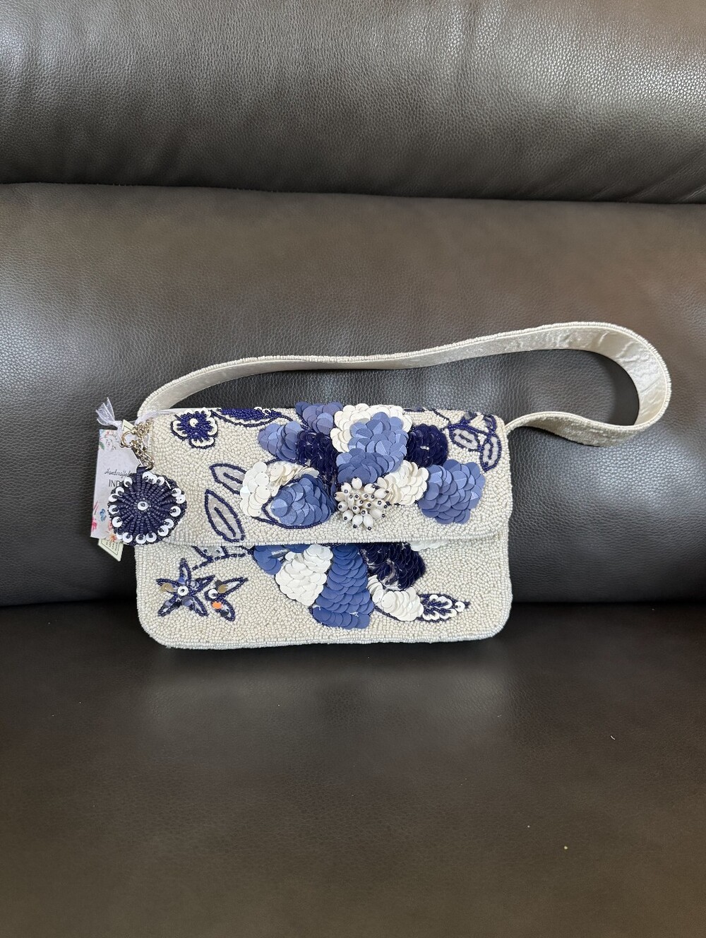 NEW Made In India Hand Beaded Blue Flower Shoulder Bag Purse Handbag NWT